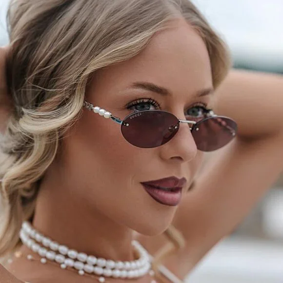 Gucci GG1922S 003 Oval Sunglasses - Endura Gold with White Pearl/Brown - Picture 2 of 12